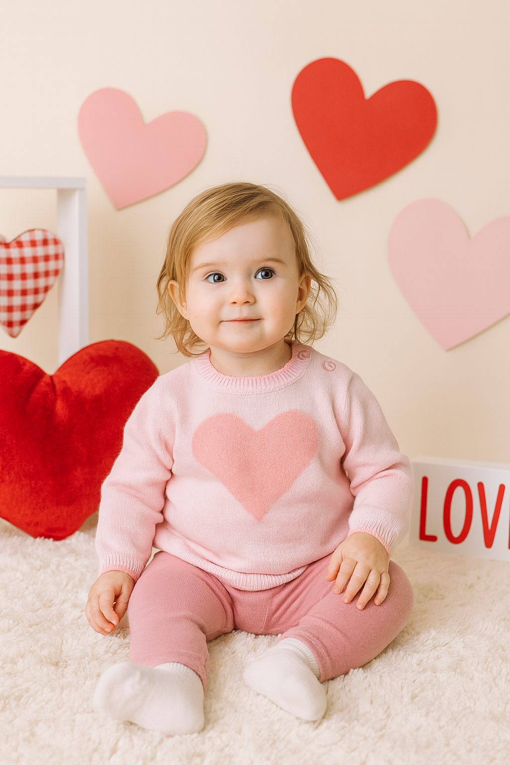 Fuzzy Heart Lightweight Knit Sweater in Pink
