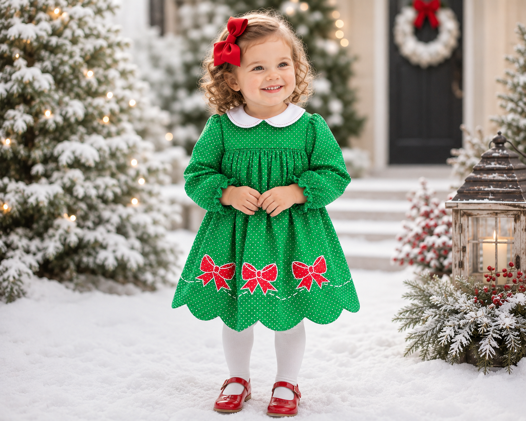 Green Dot Dress with Red Bow Appliques