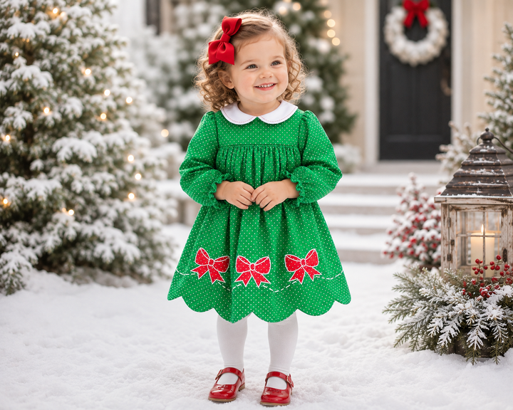 Green Dot Dress with Red Bow Appliques