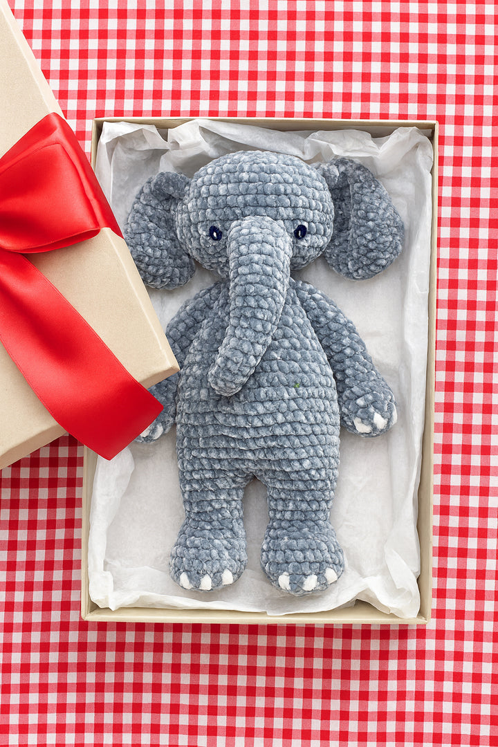 Eugene the Elephant Chenille Hand Crochet Doll 12"
