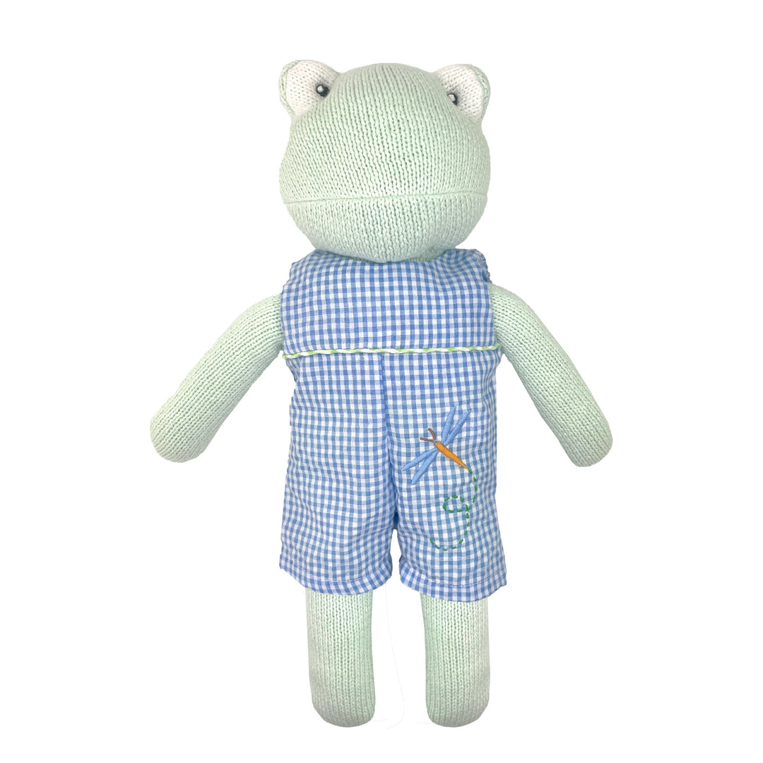 Knit Frog Doll with Blue Check Dragonfly Romper