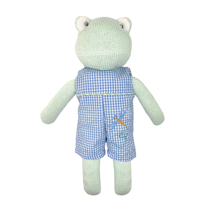 Knit Frog Doll with Blue Check Dragonfly Romper