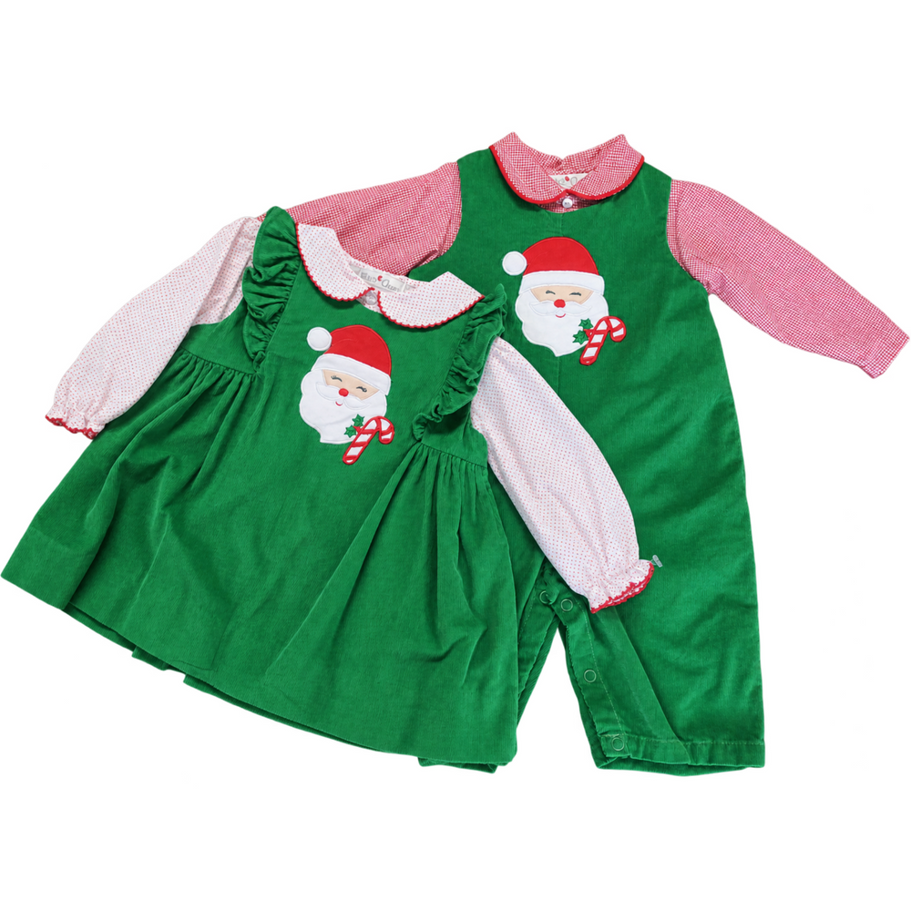 Boys green corduroy Santa longall with red houndstooth shirt – detail view