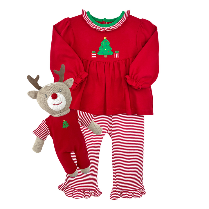 Christmas Tree Applique Top &amp; Pant Set with Ruffle Collar