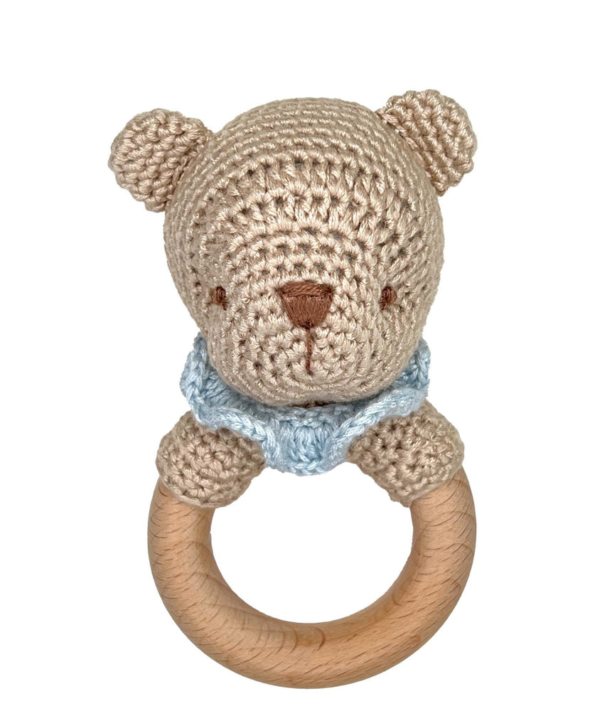 Bear Bamboo Crochet Woodring Rattle in Blue - Petit Ami & Zubels All Baby! Toy