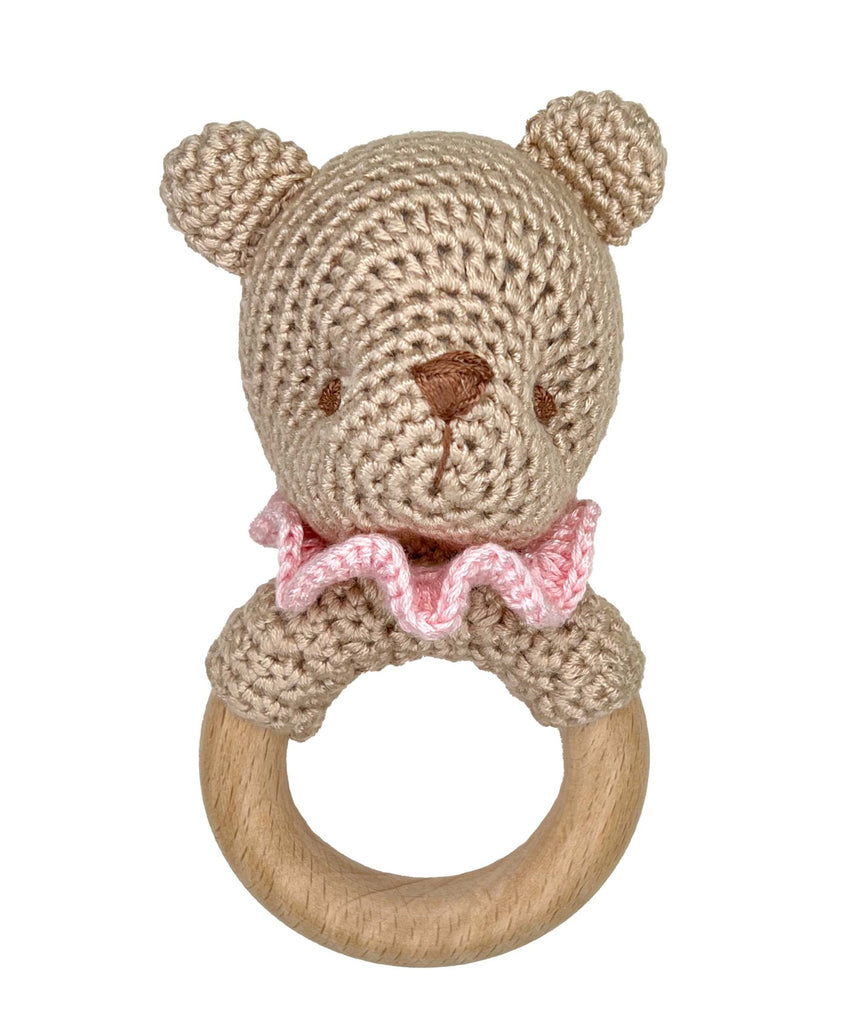 Bear Bamboo Crochet Woodring Rattle in Pink - Petit Ami & Zubels All Baby! Toy