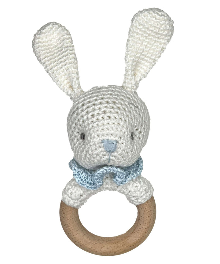 Bunny Bamboo Crochet Woodring Rattle in Blue - Petit Ami &amp; Zubels All Baby! Toy