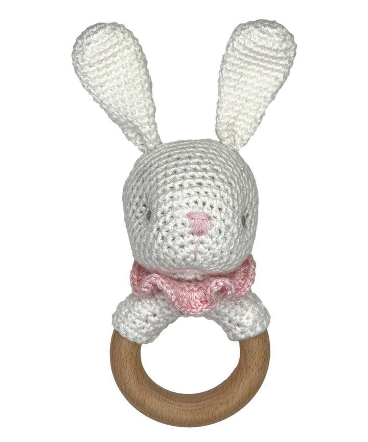 Bunny Bamboo Crochet Woodring Rattle in Pink - Petit Ami &amp; Zubels All Baby! Toy