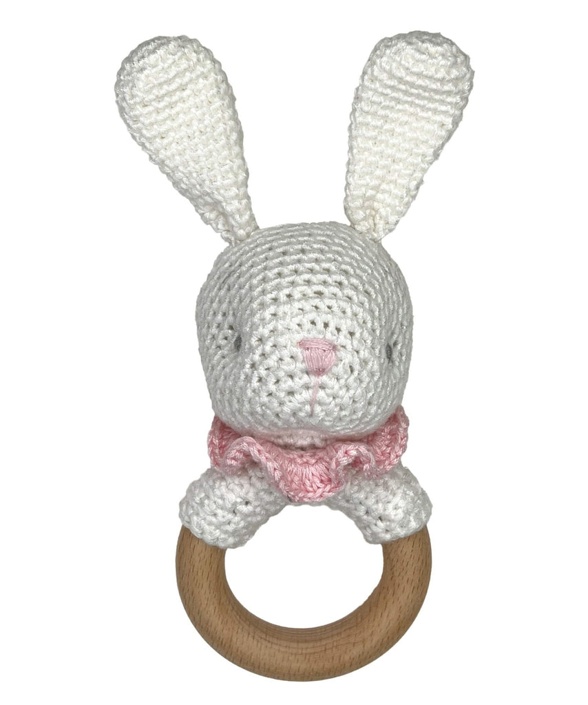Bunny Bamboo Crochet Woodring Rattle in Pink - Petit Ami & Zubels All Baby! Toy