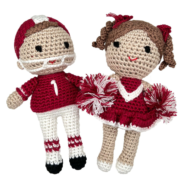 Cheerleader Bamboo Crochet Rattle - Maroon &amp; White - Petit Ami &amp; Zubels All Baby! Toy
