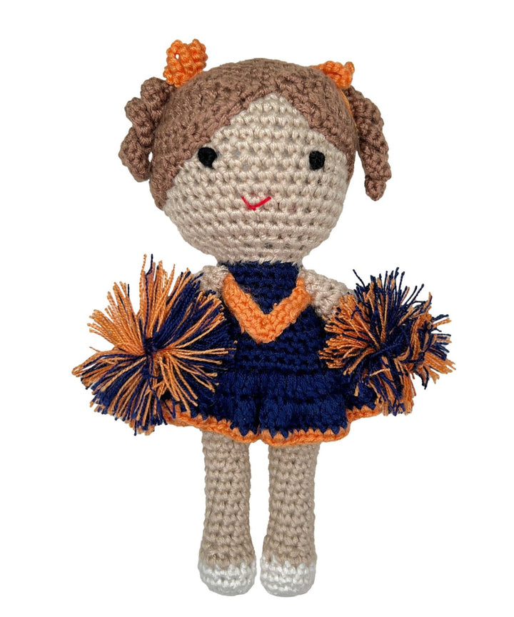 Cheerleader Bamboo Crochet Rattle - Orange &amp; Navy - Petit Ami &amp; Zubels All Baby! Toy