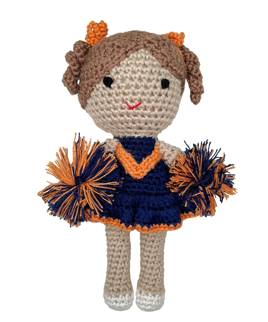Cheerleader Bamboo Crochet Rattle - Orange & Navy - Petit Ami & Zubels All Baby! Toy