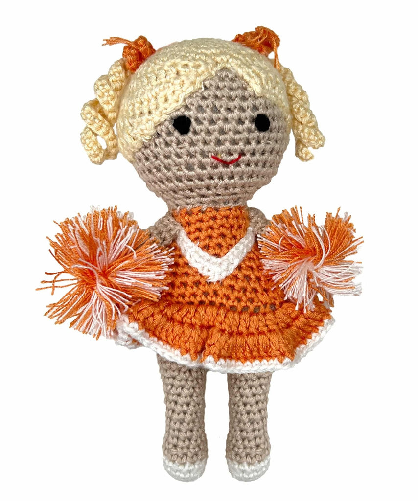 Cheerleader Bamboo Crochet Rattle - Orange & White - Petit Ami & Zubels All Baby! Toy