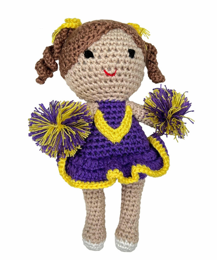 Cheerleader Bamboo Crochet Rattle - Purple &amp; Gold - Petit Ami &amp; Zubels All Baby! Toy