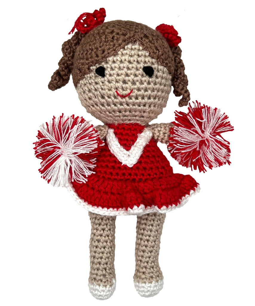 Cheerleader Bamboo Crochet Rattle - Red & White - Petit Ami & Zubels All Baby! Toy