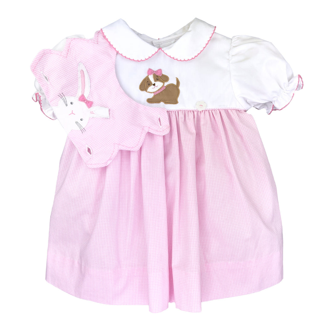 Dress with Removable Easter Bunny & Dog Applique Bib - Petit Ami & Zubels All Baby! Dress