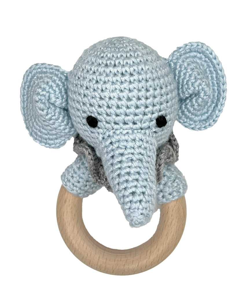 Elephant Bamboo Crochet Woodring Rattle in Blue - Petit Ami & Zubels All Baby! Toy