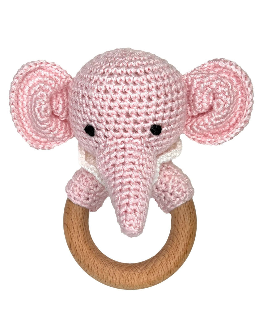 Elephant Bamboo Crochet Woodring Rattle in Pink - Petit Ami & Zubels All Baby! Toy