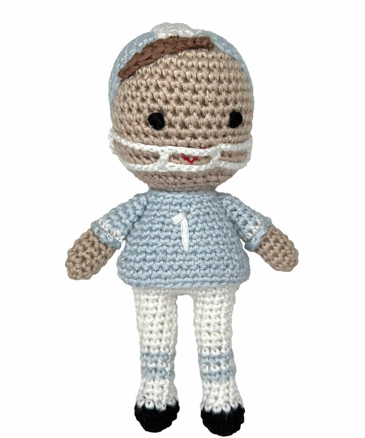 Football Player Bamboo Crochet Rattle - Blue &amp; White - Petit Ami &amp; Zubels All Baby! Toy