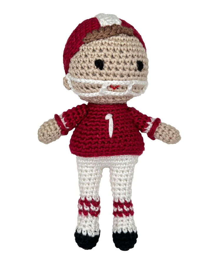 Football Player Bamboo Crochet Rattle - Maroon &amp; White - Petit Ami &amp; Zubels All Baby! Toy