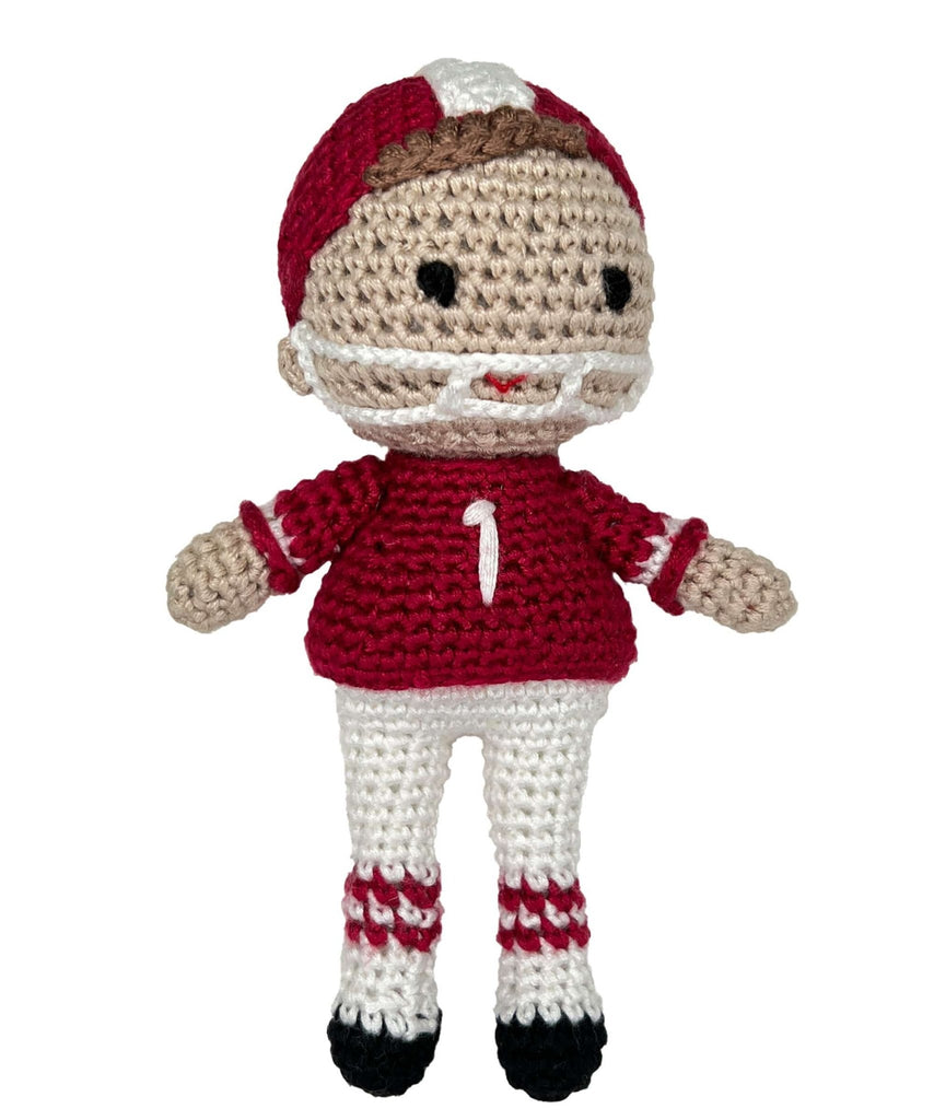 Football Player Bamboo Crochet Rattle - Maroon & White - Petit Ami & Zubels All Baby! Toy