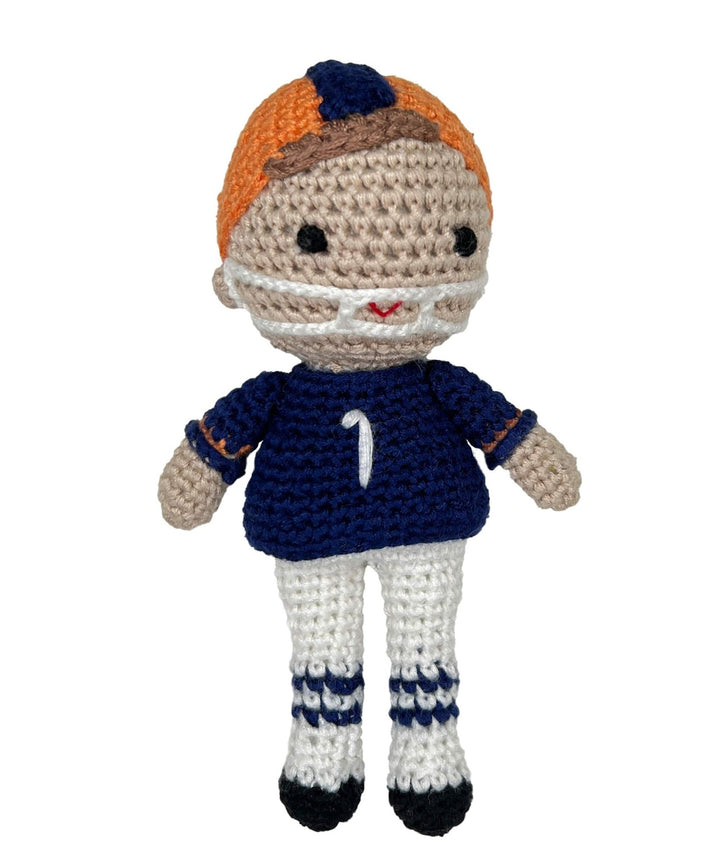 Football Player Bamboo Crochet Rattle - Orange &amp; Navy - Petit Ami &amp; Zubels All Baby! Toy
