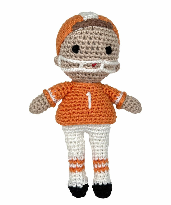 Football Player Bamboo Crochet Rattle - Orange &amp; White - Petit Ami &amp; Zubels All Baby! Toy
