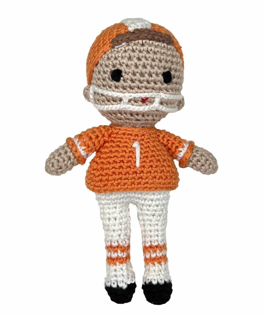Football Player Bamboo Crochet Rattle - Orange & White - Petit Ami & Zubels All Baby! Toy