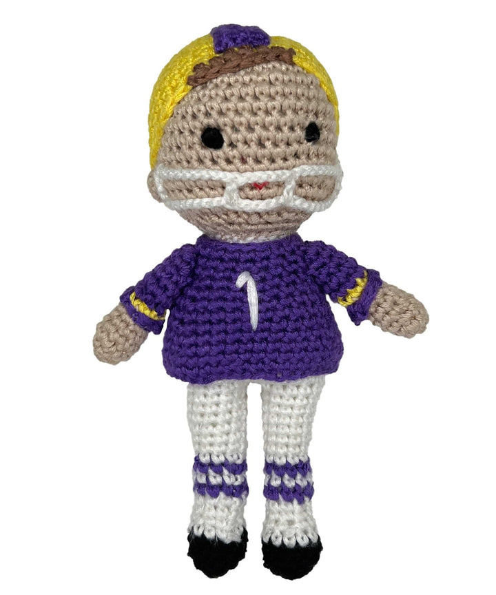 Football Player Bamboo Crochet Rattle - Purple &amp; Gold - Petit Ami &amp; Zubels All Baby! Toy