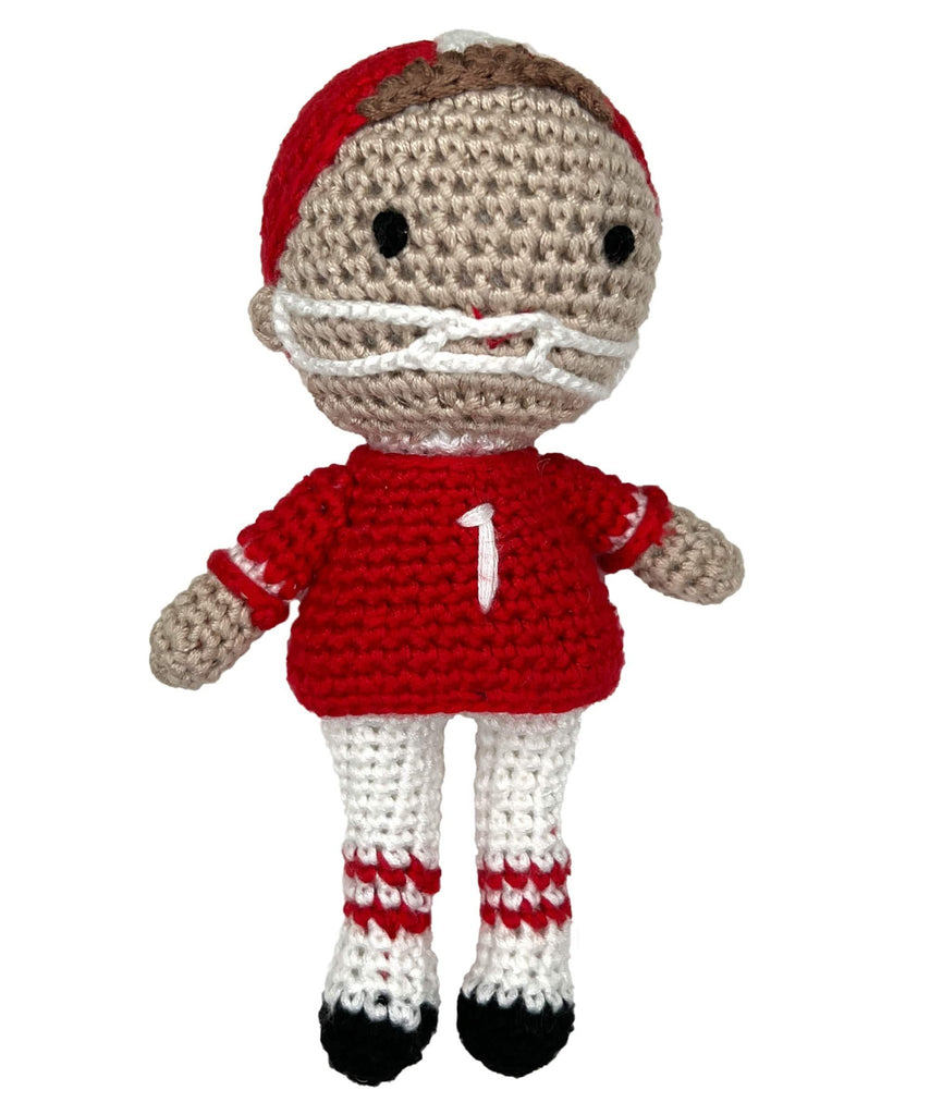 Football Player Bamboo Crochet Rattle - Red & White - Petit Ami & Zubels All Baby! Toy