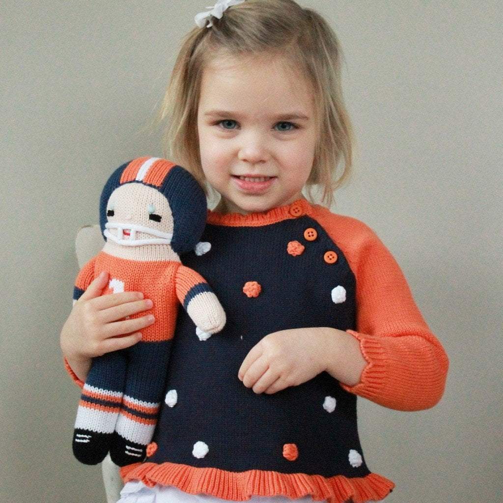 Football Player Knit Doll - Orange &amp; Navy - Petit Ami &amp; Zubels All Baby! Toy
