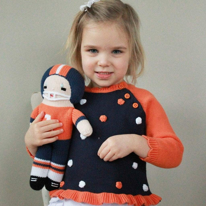 Football Player Knit Doll - Orange &amp; Navy - Petit Ami &amp; Zubels All Baby! Toy