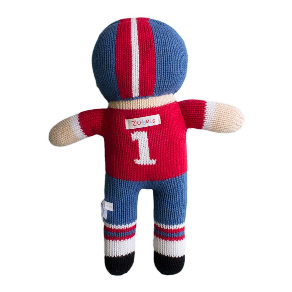 Football Player Knit Doll - Red &amp; Royal Blue - Petit Ami &amp; Zubels All Baby! Toy