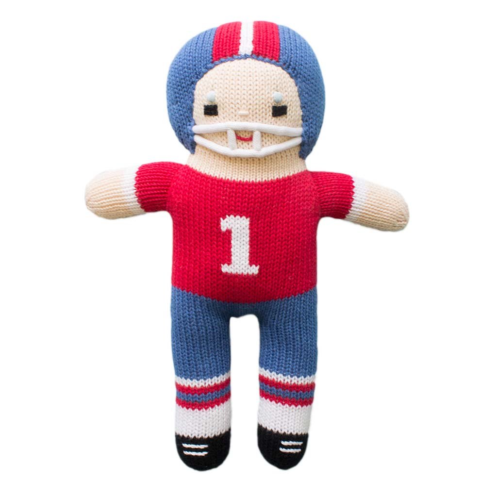 Football Player Knit Doll - Red & Royal Blue - Petit Ami & Zubels All Baby! Toy