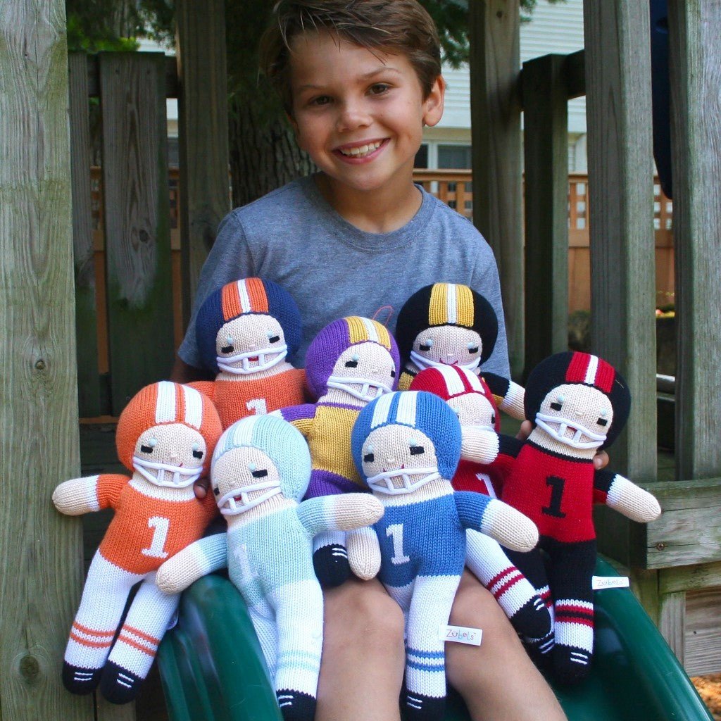 Football Player Knit Doll - Red & Royal Blue - Petit Ami & Zubels All Baby! Toy