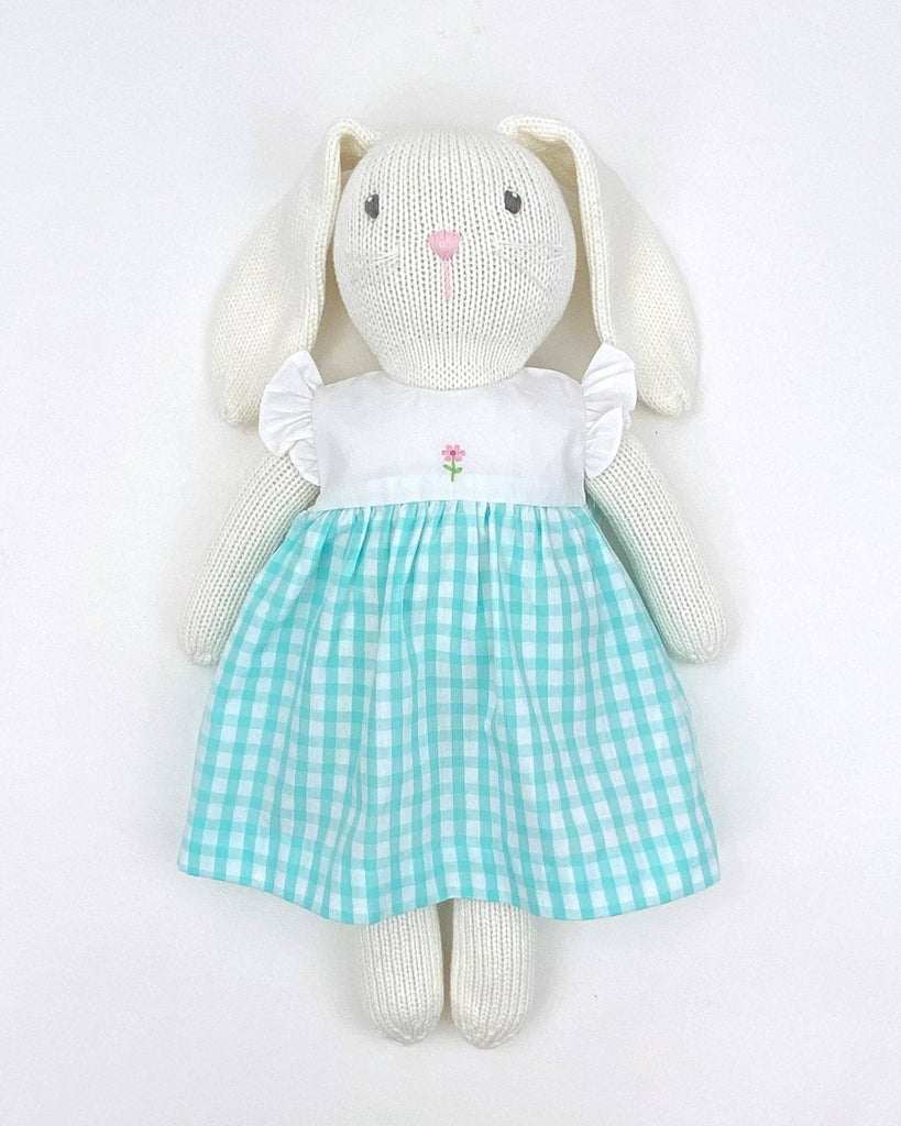 Knit Bunny Doll with Aqua Check Dress - Petit Ami & Zubels All Baby! Knit Doll