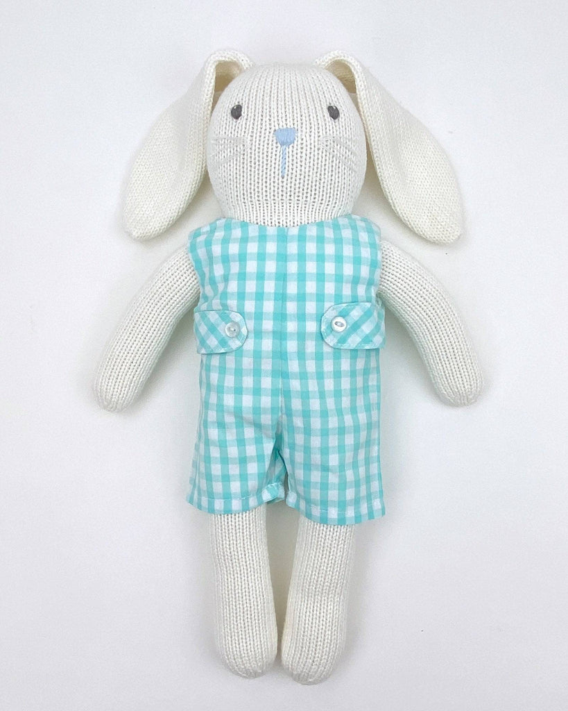 Knit Bunny Doll with Aqua Check Romper - Petit Ami & Zubels All Baby! Knit Doll