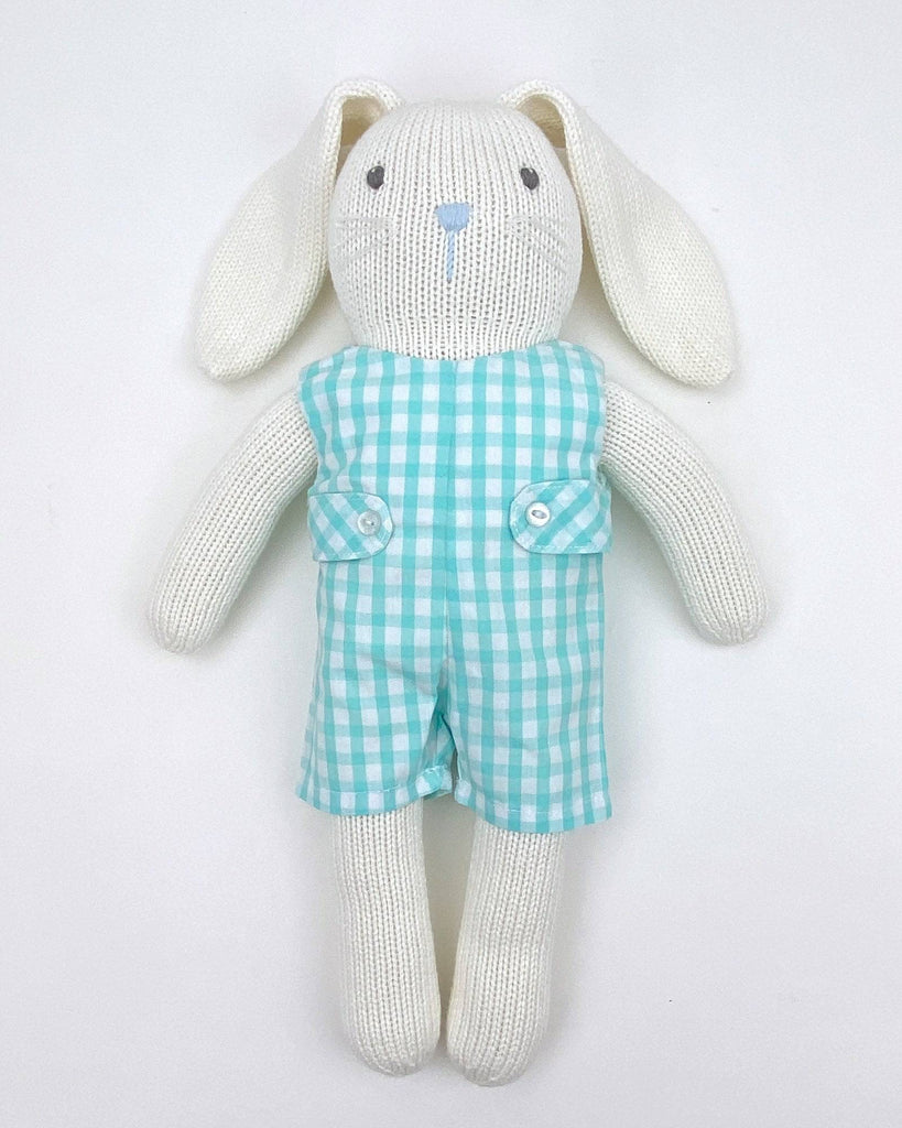 Knit Bunny Doll with Aqua Check Romper - Petit Ami & Zubels All Baby! Knit Doll