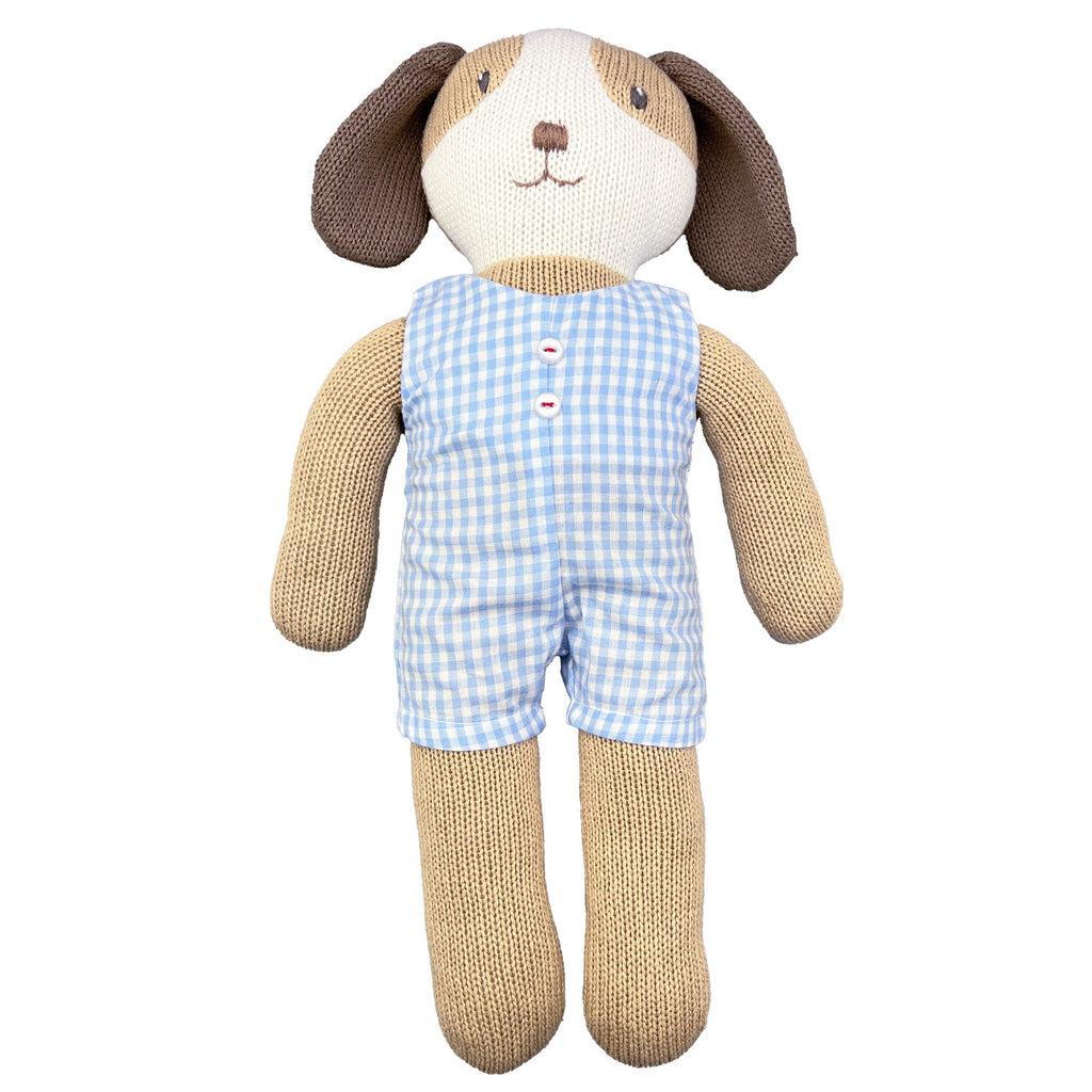 Knit Dog Doll with Blue Check Romper - Petit Ami & Zubels All Baby! Knit Doll