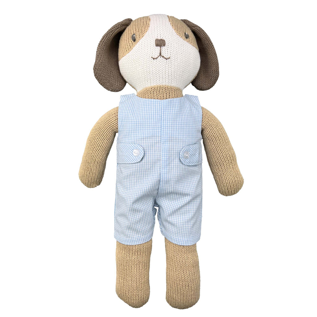 Knit Dog Doll with Blue Check Romper - Petit Ami & Zubels All Baby! Knit Doll