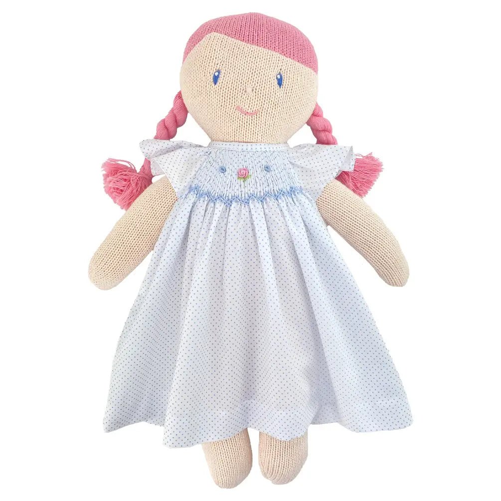 Knit Girl Doll with Blue Dot Smocked Dress - Petit Ami & Zubels All Baby! Knit Doll