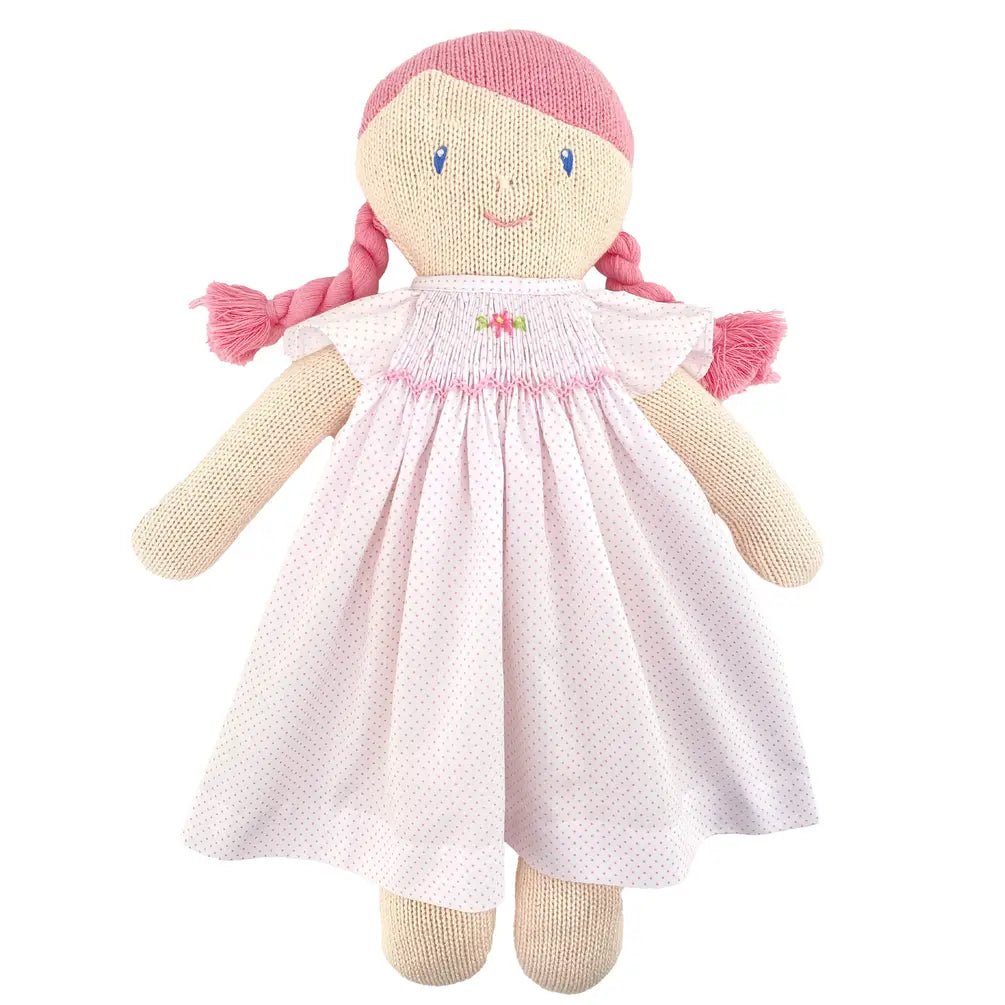 Knit Girl Doll with Pink Dot Smocked Dress - Petit Ami & Zubels All Baby! Knit Doll