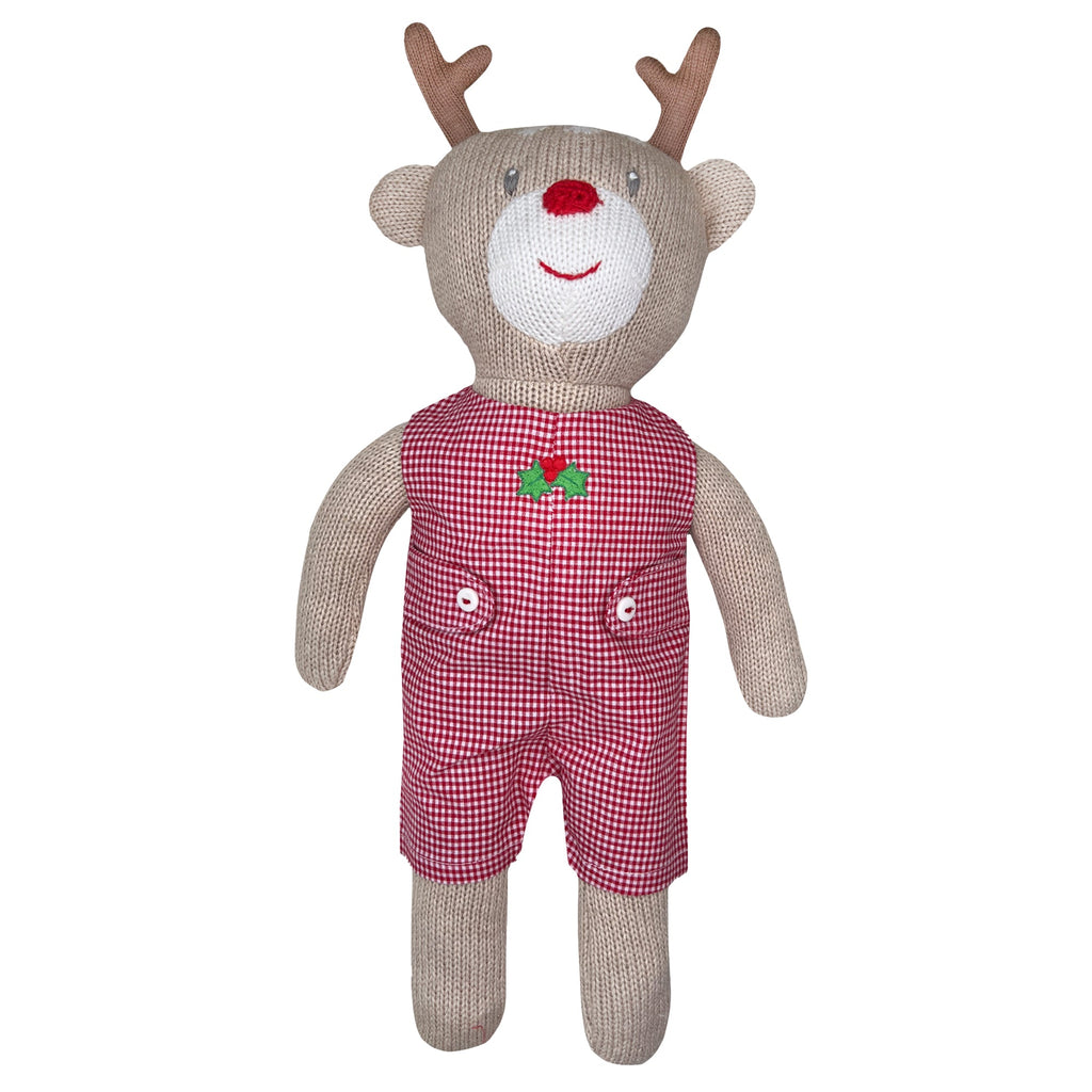 Knit Reindeer Doll with Red Check Romper - Petit Ami & Zubels All Baby! Knit Doll