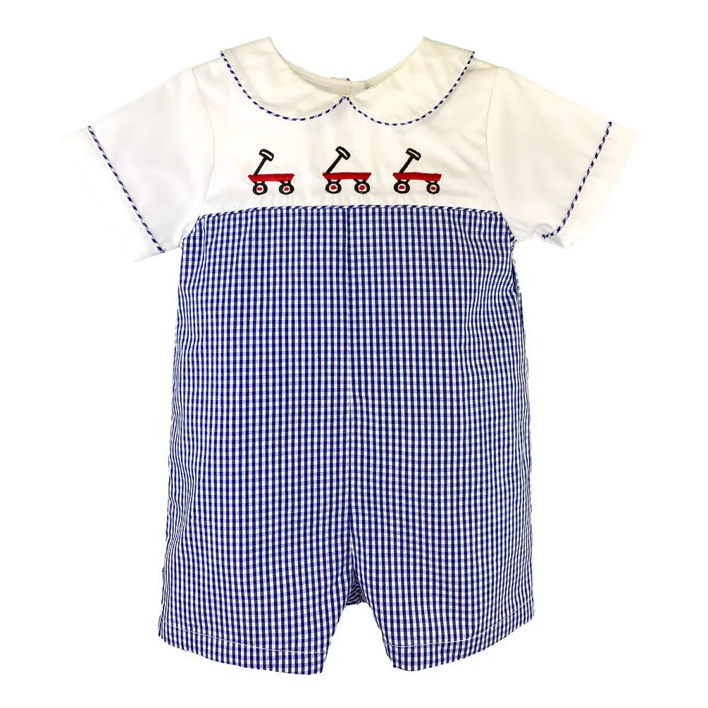 Red Wagon Embroidered Romper - Petit Ami & Zubels All Baby! Romper