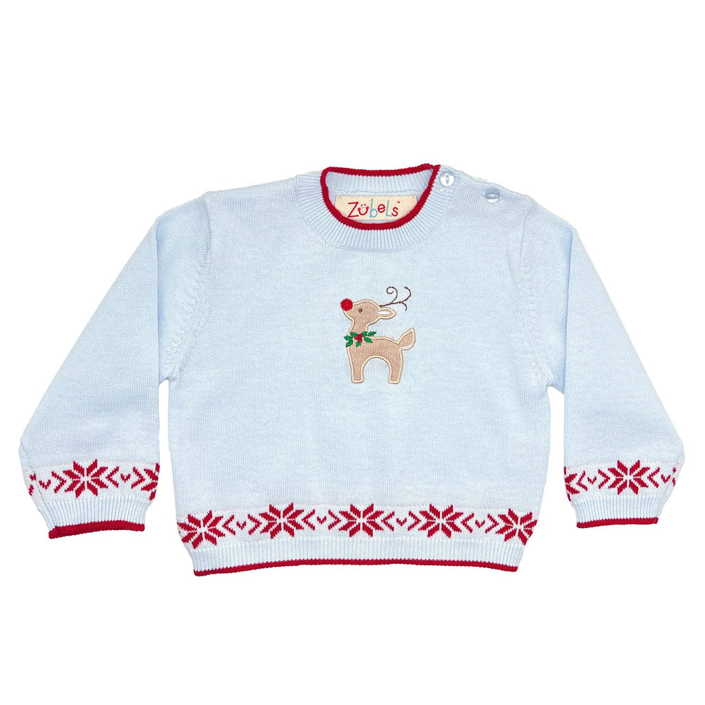 Reindeer Lightweight Knit Sweater in Blue - Petit Ami & Zubels All Baby! Sweater