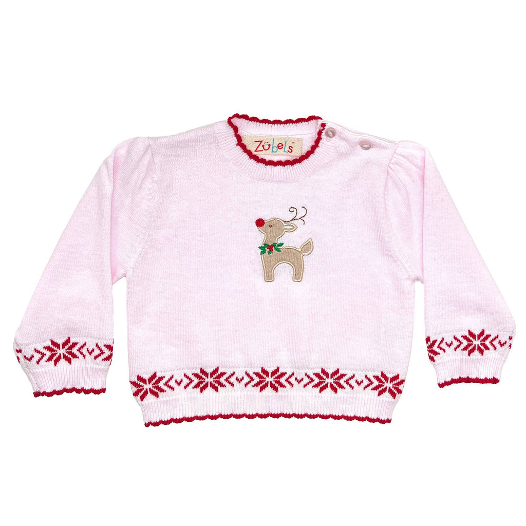 Reindeer Lightweight Knit Sweater in Pink - Petit Ami & Zubels All Baby! Sweater